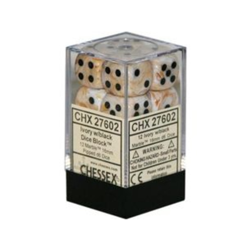 Chessex Dice - Marble Ivory with Black - Set of 12 D6 - CHX 27602