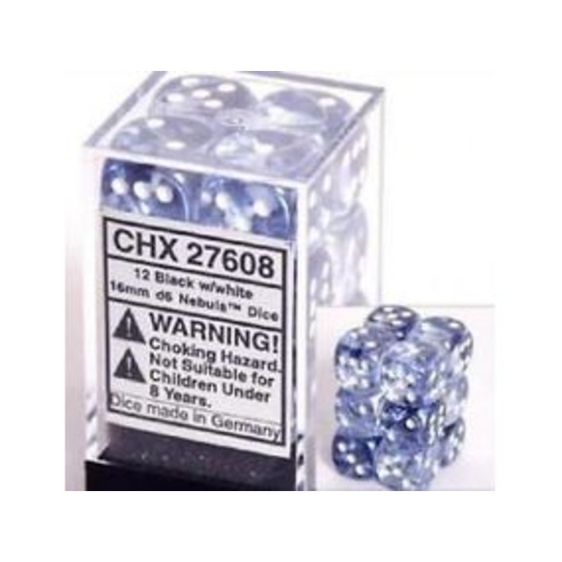 Chessex Dice - Nebula Black with White - Set of 12 D6 - CHX 27608