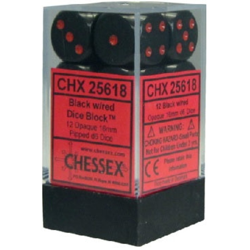 Chessex Dice - Opaque Black with Red - Set of 12 D6 - CHX 25618