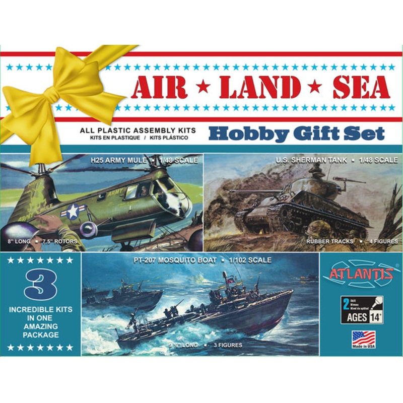 ATLANTIS 9001 Air, Land & Sea Gift Set, Sherman Tank, Mule Helicopter, PT Boat Plastic Model Kit