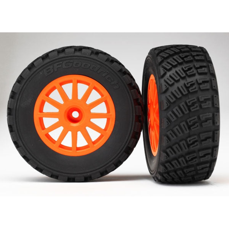TRAXXAS 7473A Tires & wheels, assembled, glued (orange wheels, gravel pattern tires, foam inserts) (2) (TSM rated)