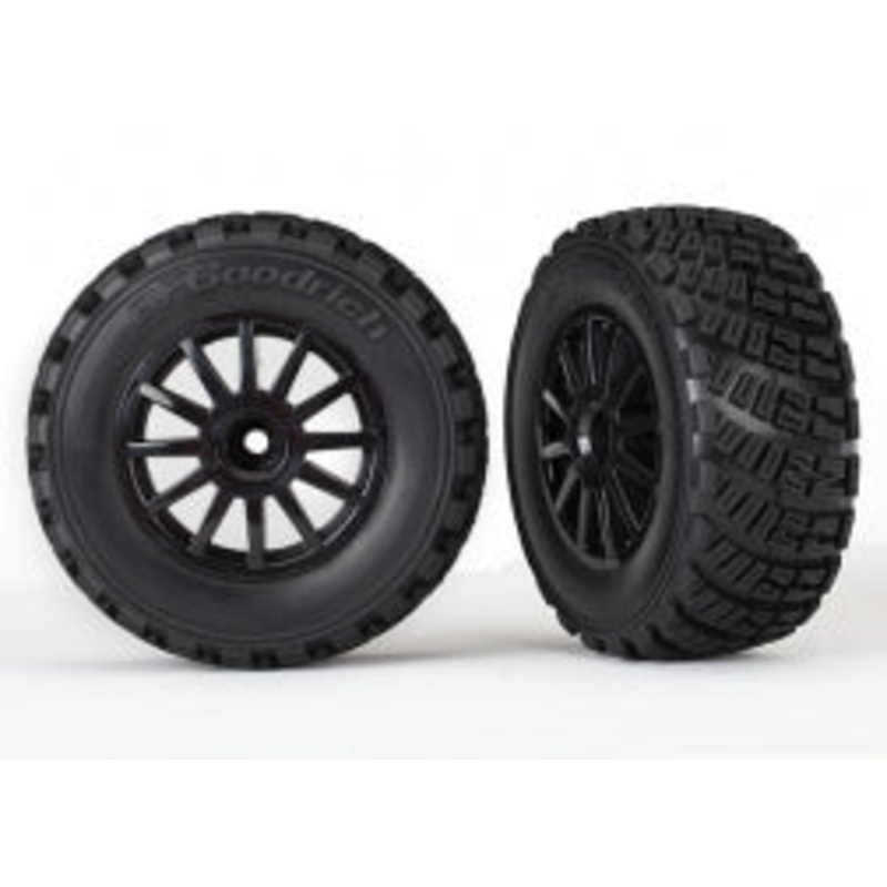 TRAXXAS 7473T Tires & wheels, assembled, glued black wheels, gravel pattern tires, foam inserts (2) TSM rated RALLY