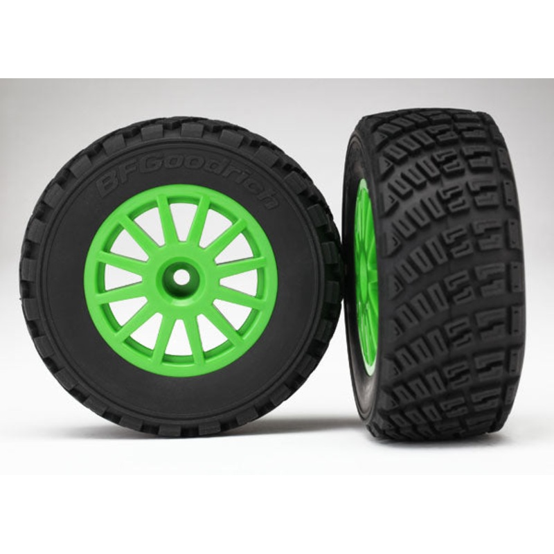 TRAXXAS 7473X Tires & wheels, assembled, glued (green wheels, gravel pattern tires, foam inserts) (2) (TSM rated)