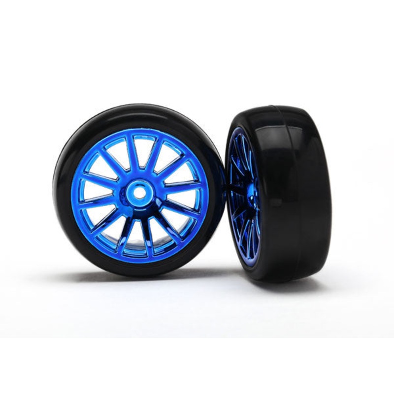 TRAXXAS 7573R Tires & Wheels Assembled 12_Spoke Blue Chrome Slick