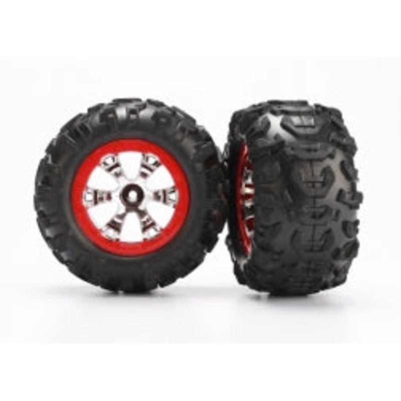 TRAXXAS 7272 Tires and wheels, assembled, glued Geode chrome, red beadlock style wheels, Canyon AT tires, foam inserts 1/16 SUMMIT