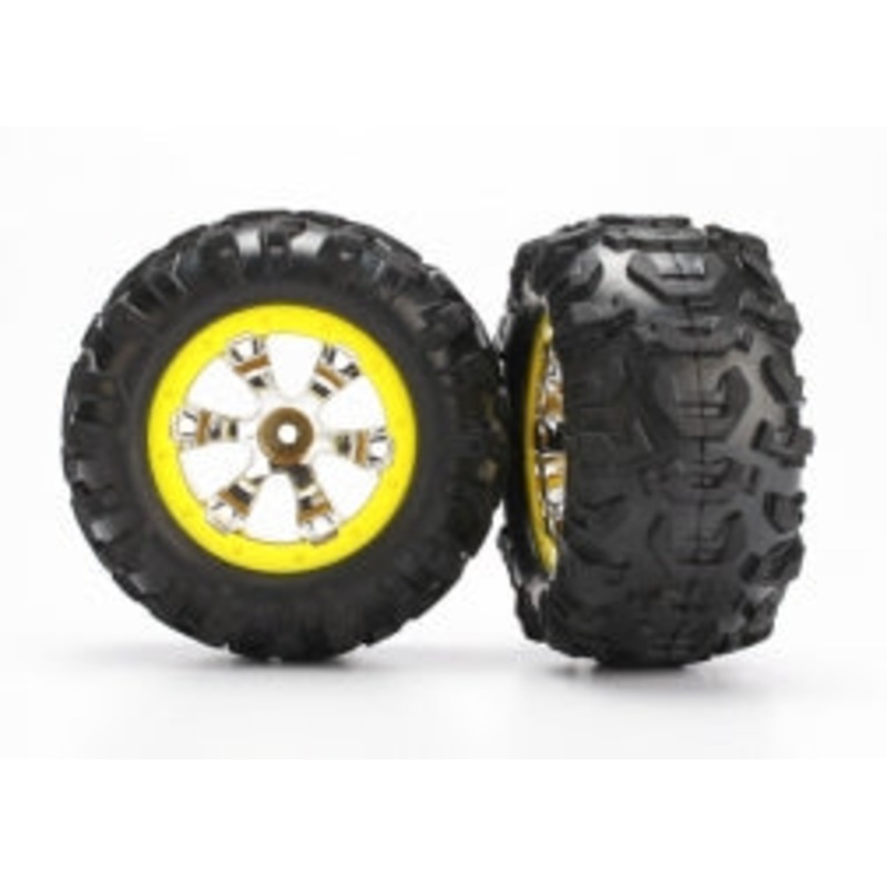 TRAXXAS 7276 Tires and wheels, assembled, glued Geode chrome, yellow beadlock style wheels, Canyon AT tires, foam inserts 1 left, 1 right 1/16 Summit