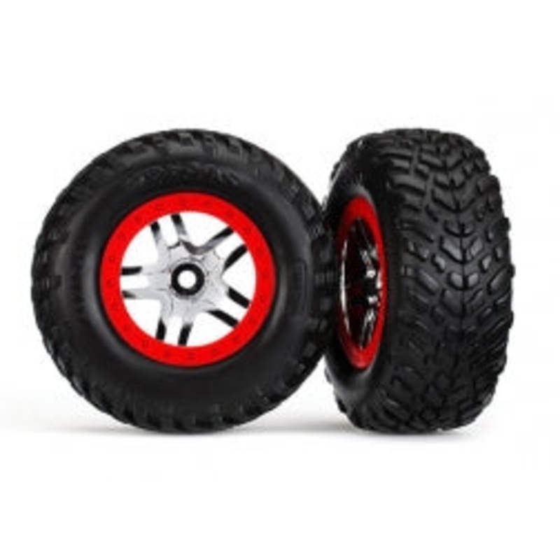 TRAXXAS 6891R Tires & wheels, assembled, glued S1 compound SCT Split-Spoke chrome, red beadlock style wheels, dual profile 2.2" outer, 3.0" inner SCT off-road racing tires, foam inserts (2) 4WD front / rear 2WD rear TSM rated