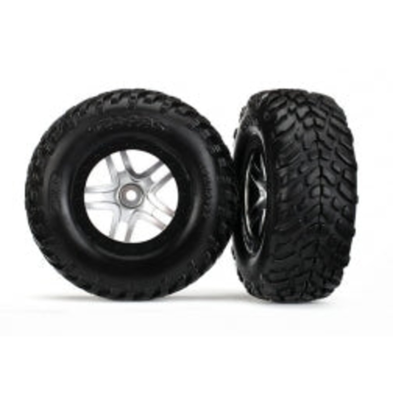 TRAXXAS 6892R Tires & wheels, assembled, glued (S1 compound) (SCT Split-Spoke satin chrome, black beadlock style wheels, dual profile (2.2" outer, 3.0" inner), SCT off-road racing tires, foam inserts) (2) (4WD f/r, 2WD rear) (TSM rated)