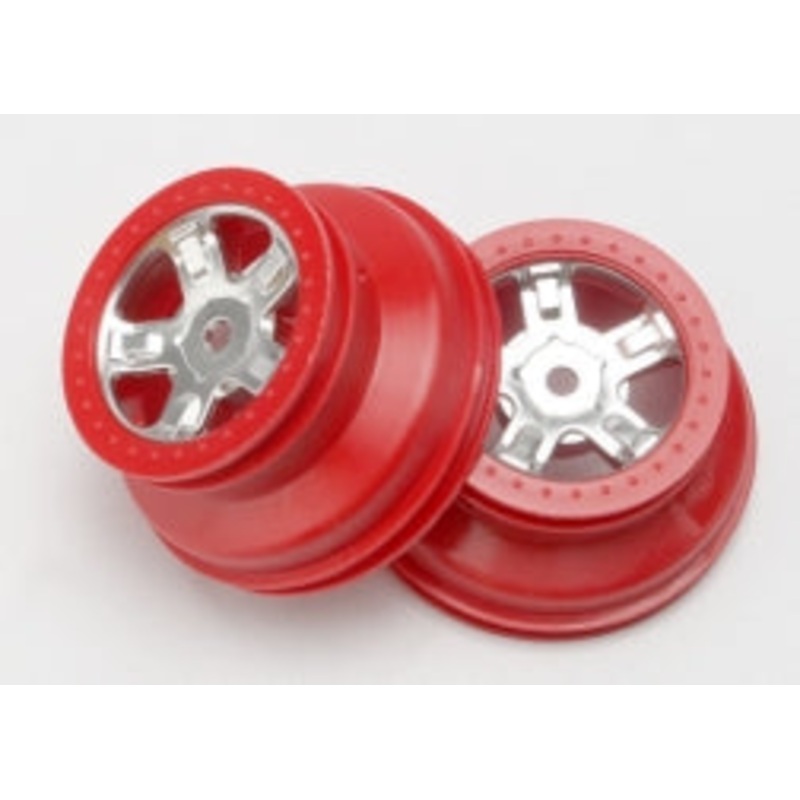 TRAXXAS 7072A Wheels, SCT satin chrome, red beadlock style, dual profile 1.8" inner, 1.4" outer (2) 1/16 SLASH