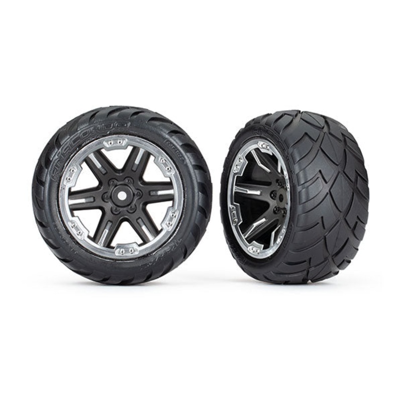 TRAXXAS 6768X Tires & wheels, assembled, glued 2.8" RXT black & chrome wheels, Anaconda tires