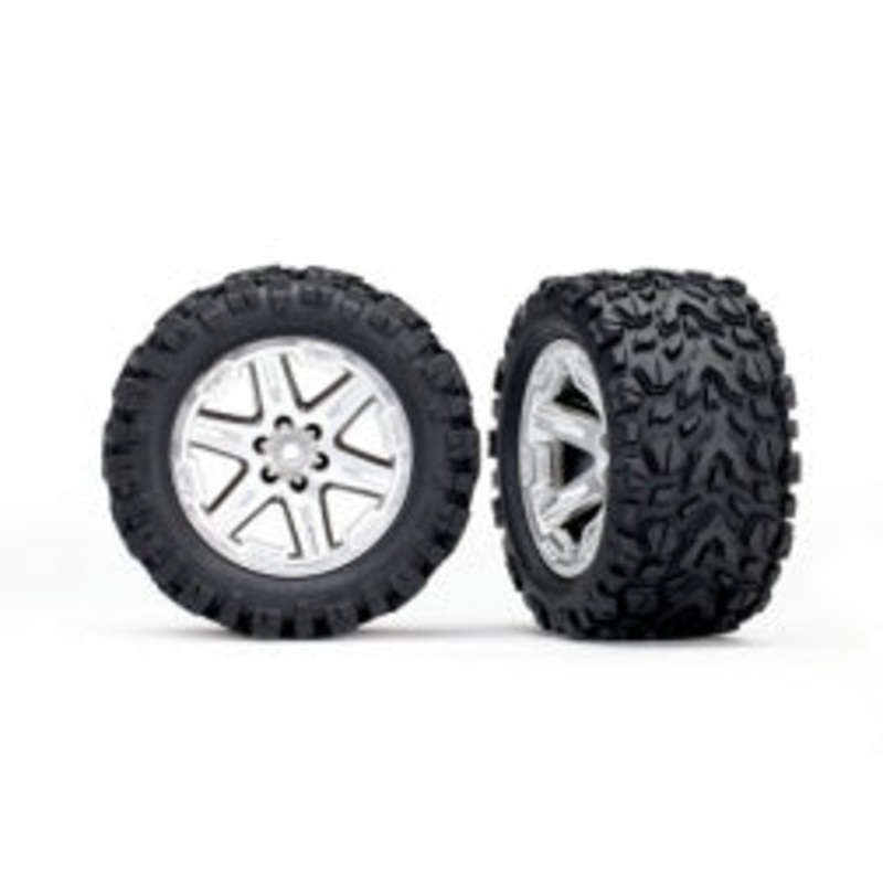 TRAXXAS 6774R Tires & wheels, assembled, glued 2.8 RXT satin chrome wheels, Talon Extreme tires, foam inserts 2WD electric rear (2) TSM rated RUSTLER