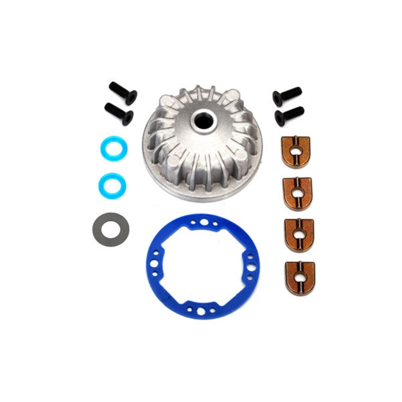TRAXXAS 6781 Housing, center differential (aluminum)/ x-ring gaskets (2)/ ring gear gasket/ bushings (2)/ 5x10x0.5 PTW (2)/ 2.5x8 CCS (4)