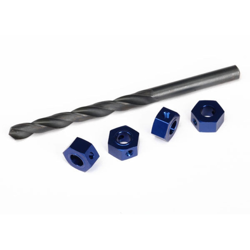 TRAXXAS 6869 Wheel adaptors, 12mm hex, 6061-T6 aluminum (blue-anodized) (4)/ screw pins (4)/ drill bit, 0.25 inch (for 6mm shafts) (requires #6451 (x2), #6452 (x2), #6439, #6455, #5117 (x3))