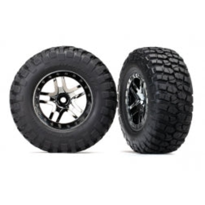 TRAXXAS 6873T Tires & wheels assembled, glued SCT Split-Spoke black chrome beadlock style wheels, BFGoodrich Mud-Terrain T/A KM2 ultra-soft S1 compound off-road racing tires 4WD front/rear 2WD rear TSM rated