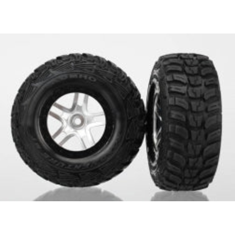TRAXXAS 6874R Tires & wheels, assembled, glued S1 ultra-soft off-road racing compound SCT Split-Spoke satin chrome, black beadlock style wheels, Kumho tires, foam inserts (2) (4WD front / rear, 2WD rear only