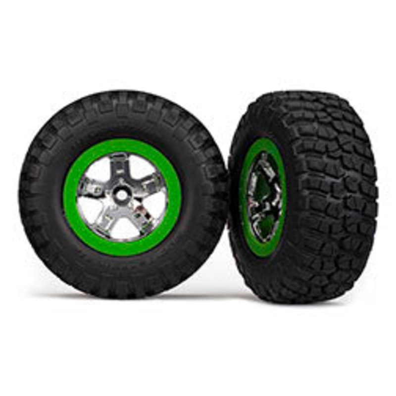TRAXXAS 6876 Tires & wheels glued SCT, chrome, green beadlock wheel, BFGoodrich Mud-Terrain T/A KM2 tire, 4WD front/rear, 2WD rear only