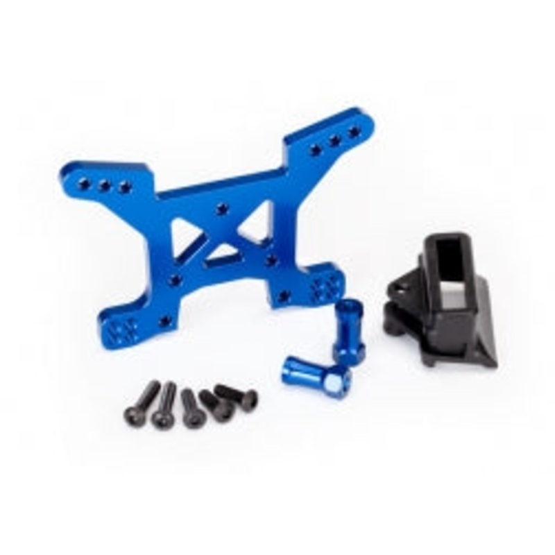 TRAXXAS 6739X Shock tower, front, 7075-T6 aluminum blue-anodized (1)/ body mount bracket (1)