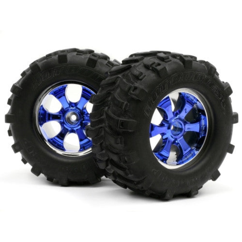 HOT BODIES 61182-2 Predator Wheel Chrome/Blue w/ Deathgrip Tire L/R Hpi Savage *DISC*