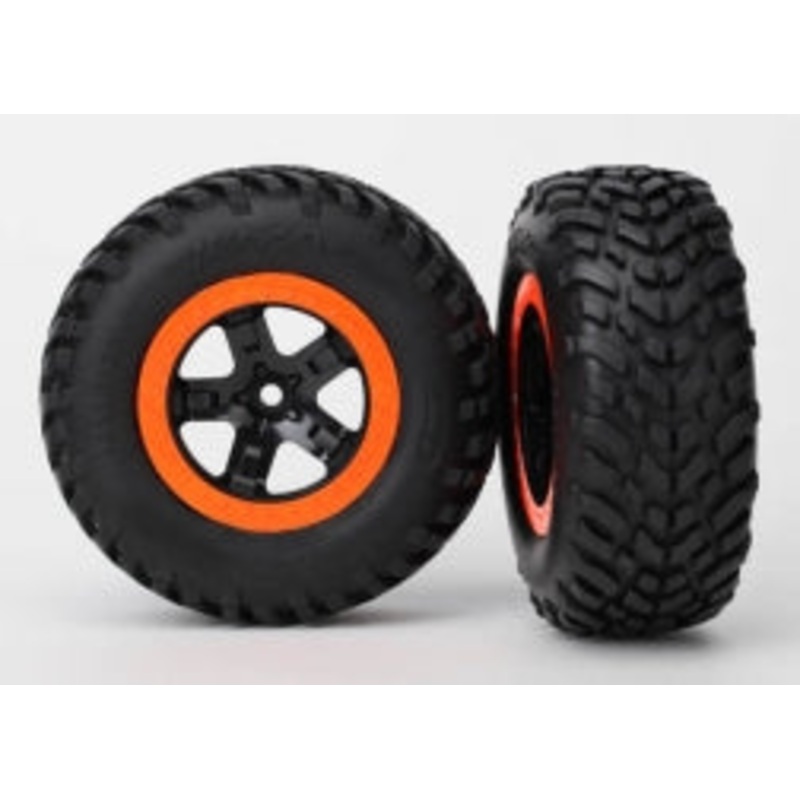 TRAXXAS 5863R Tires & wheels assembled, glued S1 compound SCT, black, orange beadlock wheels, dual profile 2.2" outer, 3.0" inner SCT off-road racing tires, foam inserts (2) 4WD front rear 2WD rear TSM rated