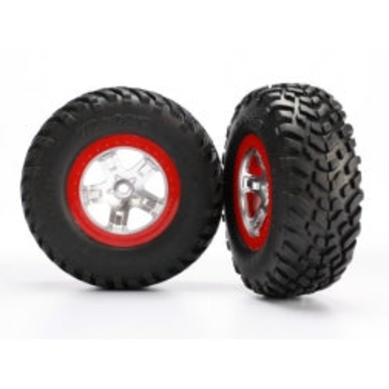 TRAXXAS 5873R Tires & wheels, assembled, glued SCT satin chrome red beadlock wheels, ultra-soft S1 compound off-road racing tires, inserts (2) 2WD rear 4WD Front / Rear