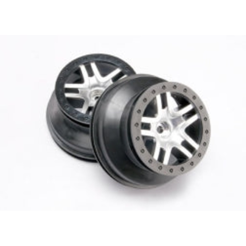 TRAXXAS 5876 Wheels, SCT Split-Spoke, satin chrome, black beadlock style, dual profile (2.2" outer, 3.0" inner) (2WD front) (2)