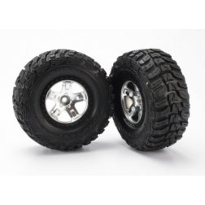 TRAXXAS 5881 Tires & wheels, assembled, glued SCT satin chrome, black beadlock style wheels, Kumho tires, foam inserts (2) 2WD front