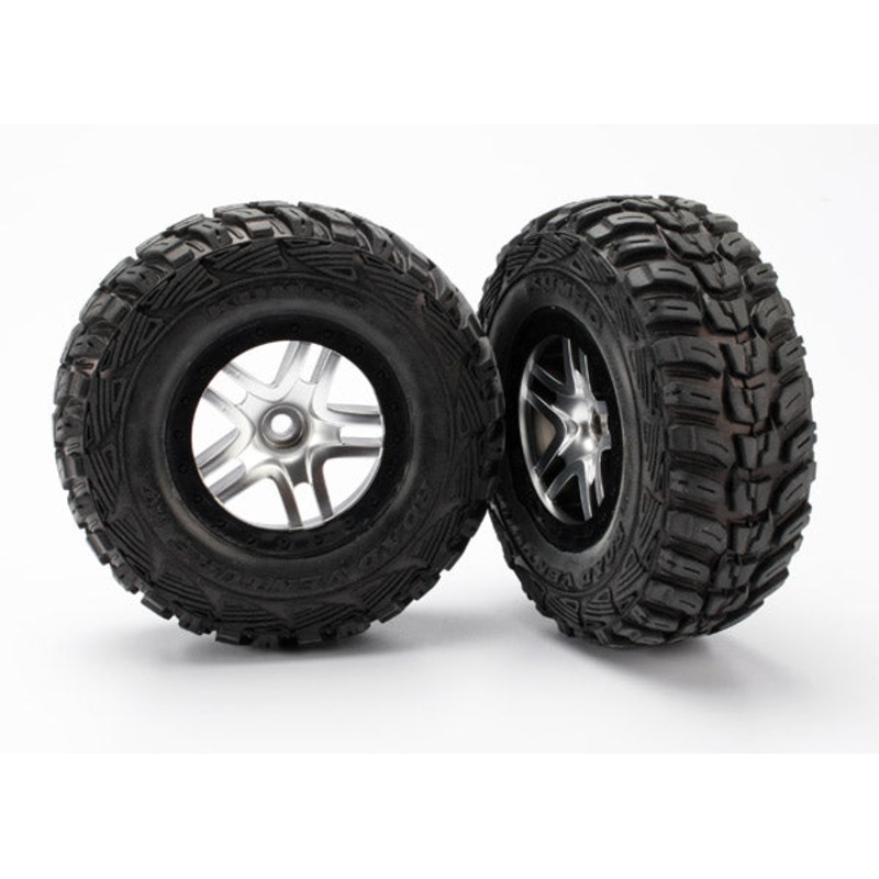 TRAXXAS 5882R Tires & wheels, assembled, glued S1 ultra-soft off-road racing compound SCT Split-Spoke satin chrome, black beadlock style wheels, Kumho tires, foam inserts (2) 2WD front