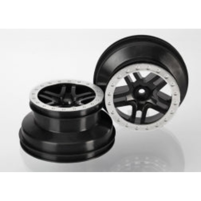 TRAXXAS 5884 Wheels, SCT Split-Spoke, black, satin chrome beadlock style, dual profile 2.2" outer, 3.0" inner 4WD Front / Rear 2WD rear (2)