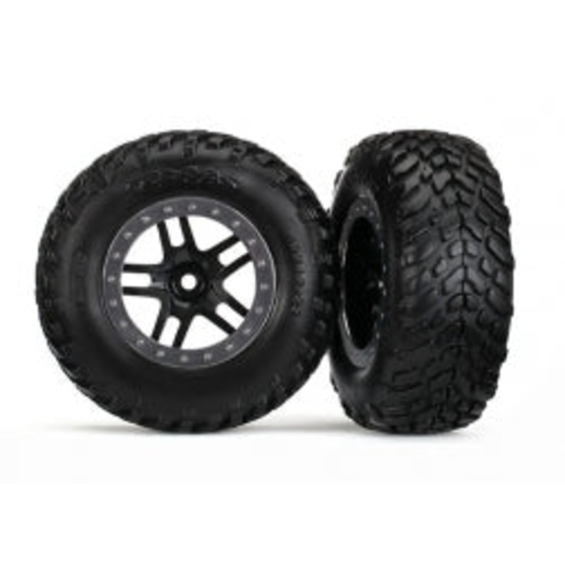 TRAXXAS 5889 Tires & wheels, assembled, glued (SCT Split-Spoke black, satin chrome beadlock style wheel, dual profile (2.2" outer, 3.0" inner), SCT off-road racing tires, foam inserts) (2) 4WD front /rear 2WD Rear TSM rated