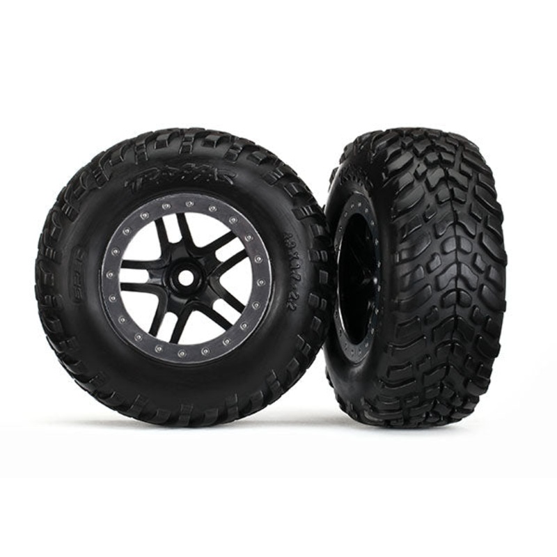 TRAXXAS 5889R Tires & wheels, assembled, glued (S1 compound) (SCT Split-Spoke black, satin chrome beadlock style wheel, dual profile