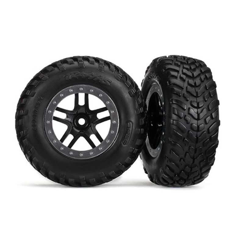 TRAXXAS 5890 Tires & wheels, assembled, glued (SCT Split-Spoke black, satin chrome beadlock style wheels, dual profile (2.2' outer, 3.0' inner), SCT off-road racing tires, foam inserts) (2) (2WD front)
