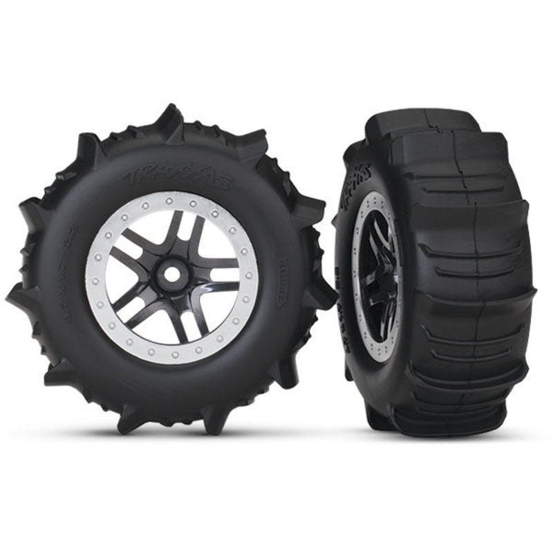 TRAXXAS 5891 Tires & wheels, assembled, glued (SCT Split-Spoke satin chrome, beadlock style wheels, paddle tires, foam inserts) (2) (4WD front/rear, 2WD rear only)