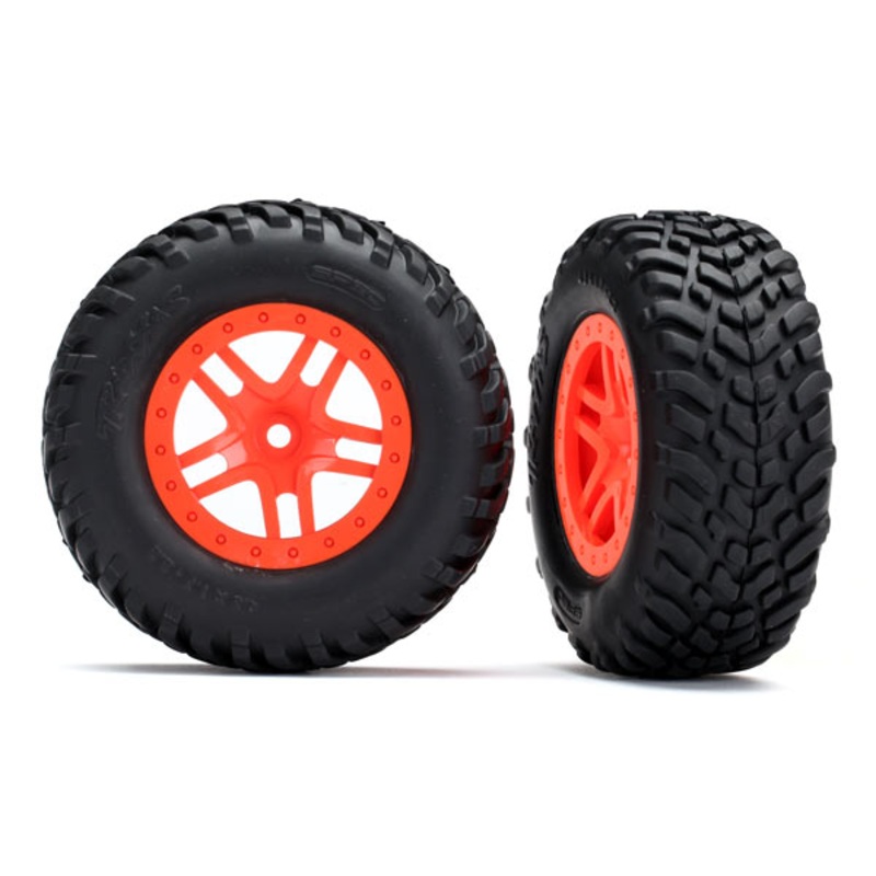 TRAXXAS 5892 Tires & wheels, assembled, glued (SCT Split-Spoke orange wheels, SCT off-road racing tires, foam inserts)