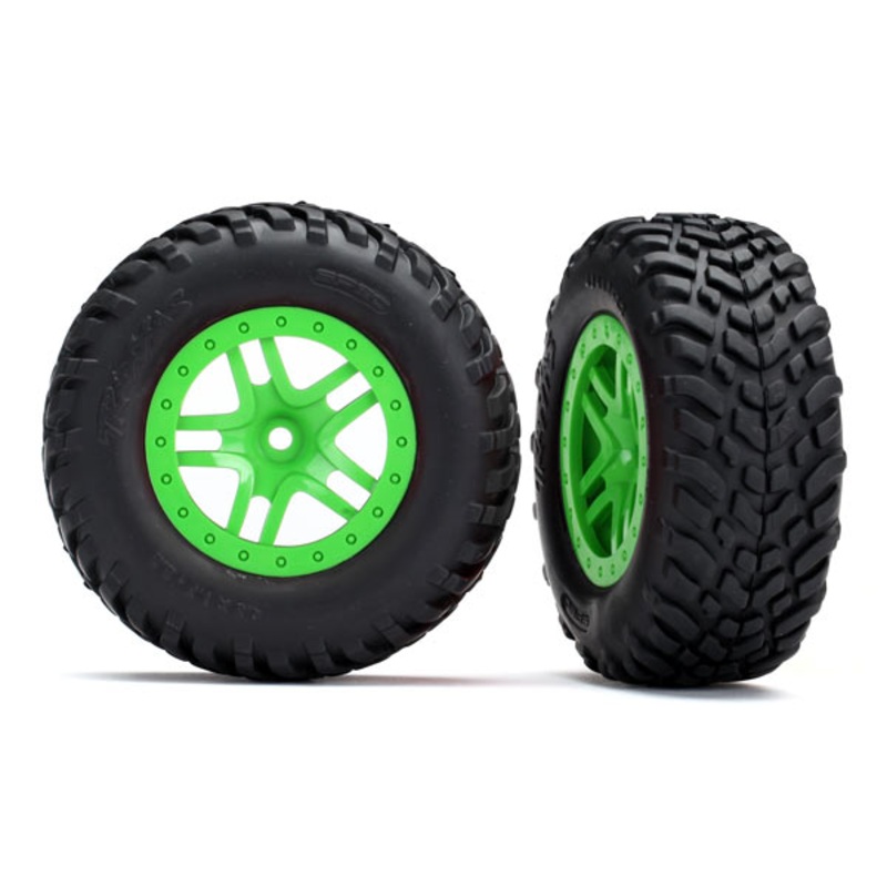 TRAXXAS 5892G Tires & wheels, assembled, glued (SCT Split-Spoke green wheels, SCT off-road racing tires, foam inserts) (2) (4WD f/r, 2WD rear) (TSM rated)