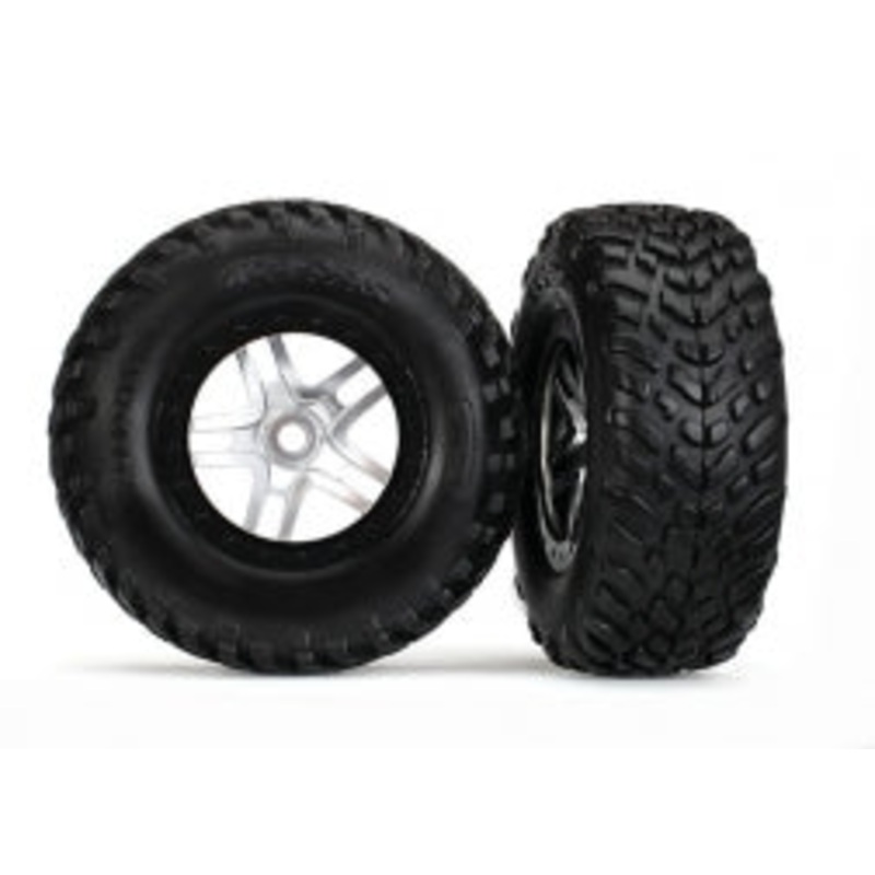 TRAXXAS 5975X Tires & wheels, assembled, glued (S1 compound) (SCT Split-Spoke satin chrome, black beadlock style wheels, dual profile (2.2" outer, 3.0" inner), SCT off-road racing tires, foam inserts) (2) (front/rear)