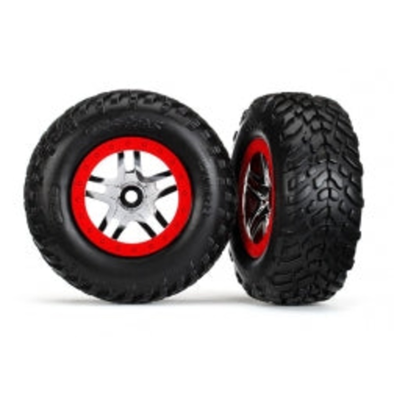 TRAXXAS 5977 Tires & wheels, assembled, glued (SCT Split-Spoke chrome, red beadlock style wheels, dual profile (2.2" outer, 3.0" inner) SCT off-road racing tires, front/rear SLAYER