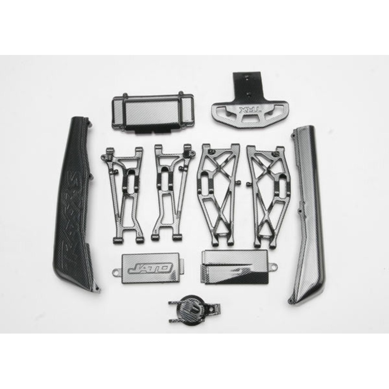TRAXXAS 5522G Complete Exo-Carbon Kit, Jato (includes rear & mid-chassis battery covers, receiver cover, dirt guards, suspension arms, front bumper, & fuel tank cap) *DISC