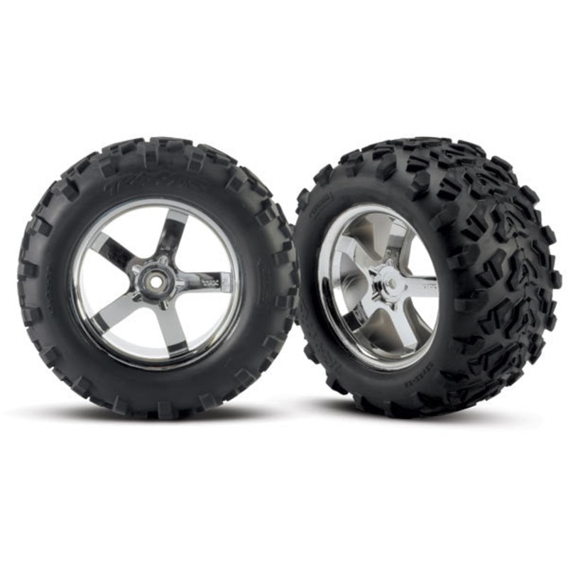 TRAXXAS 4973R Tires/Wheels T-Maxx 3.3 Tires & wheels, assembled, glued (Hurricane chrome wheels, Maxx tires (6.3" outer diameter), foam inserts) (2) (fits Revo/T-Maxx/E-Maxx with 6mm axle and 14mm hex)