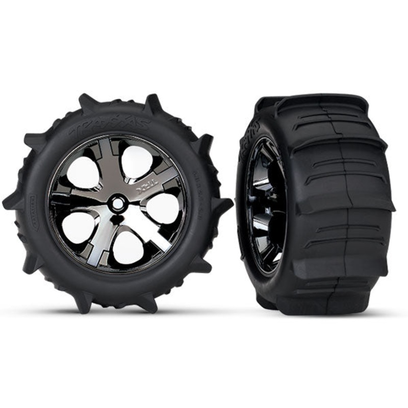 TRAXXAS 3776 Paddle tires & wheels, assembled, glued (2.8') (All-Star Black Chrome Wheels, Paddle Tires, Foam Inserts) (rear) (2) (TSM rated)