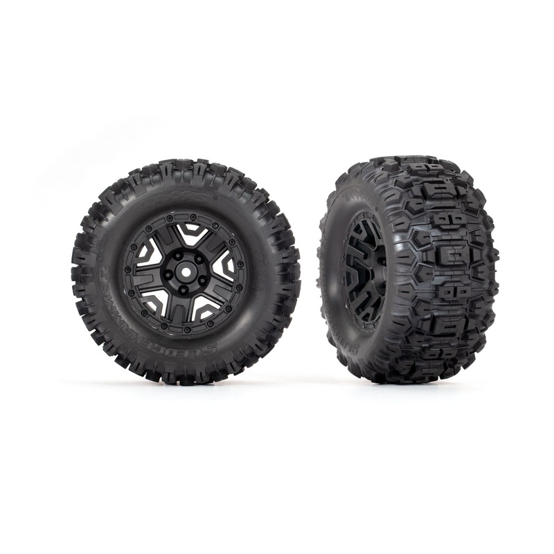 TRAXXAS 3778 Tires & wheels, assembled, glued (black 2.8" wheels, Sledgehammer tires, foam inserts) (electric rear) (2) (TSM rated)