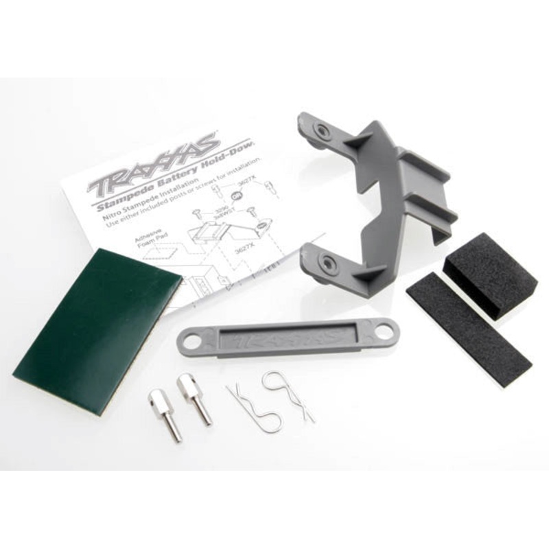 TRAXXAS 3627X Battery hold-down Grey (1) / receiver hold-down (grey) (1) / metal posts (2)/ spacers (2)/ body clips (2)/ servo tape/ adhesive foam pad: STAMPEDE 2WD