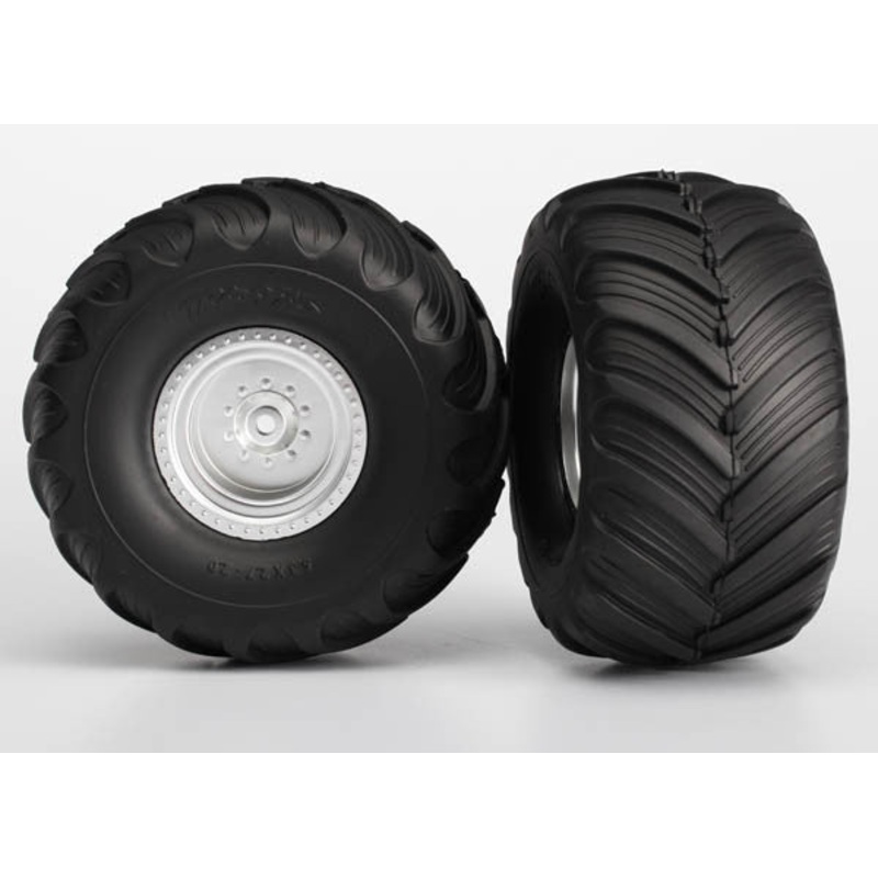 TRAXXAS 3663 Tires & Wheels Assembled Electric Rear (Monster Jam replica, satin chrome wheels, Monster Jam replica tires, foam inserts) (2)