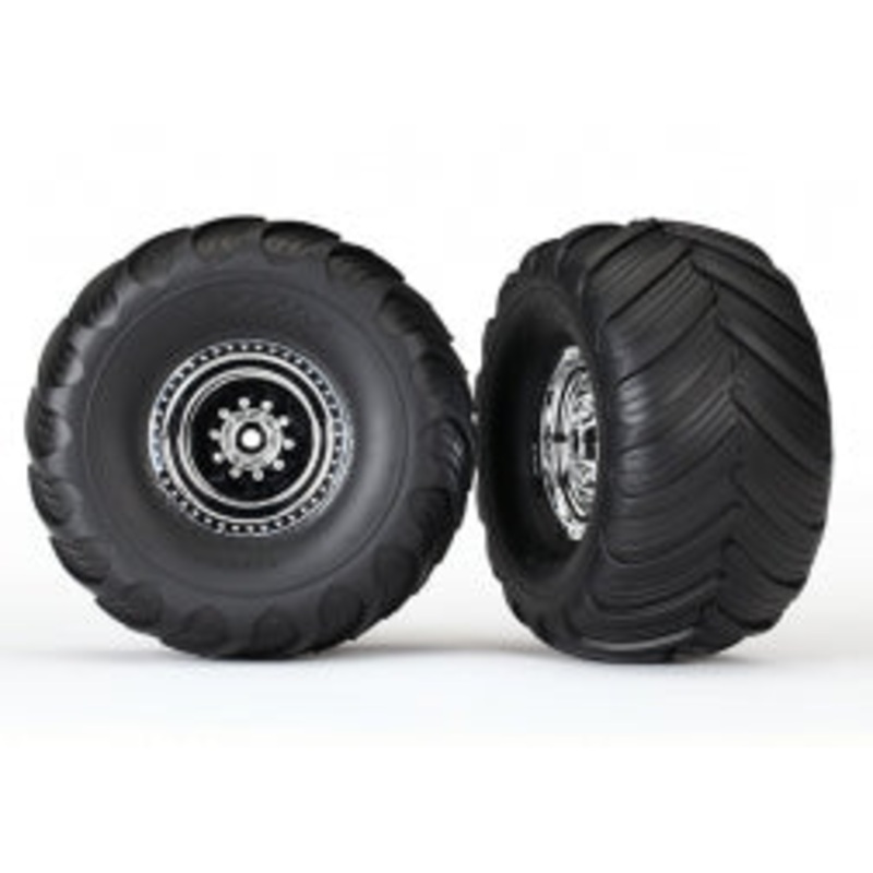 TRAXXAS 3663X 12mm Hex "Bigfoot" Pre-Mounted Tires & Wheels (2) (Rear) (Chrome)