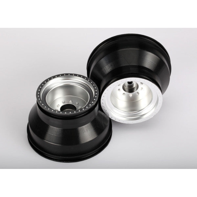 TRAXXAS 3666 Wheels, Monster Jam replica, satin chrome, dual profile (2.0'' outer 3.0'' inner) (nitro rear/ electric front) (2)